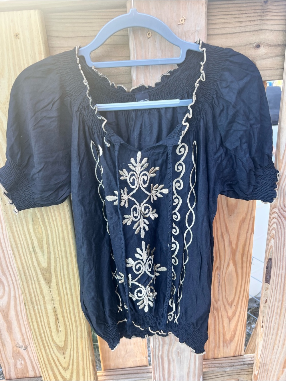 Mandala L/XL Black Embroidered Peasant Blouse with Beige Floral Motif